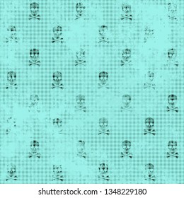 Seamless abstract pattern of skulls. Texture in turquoise and black colors.