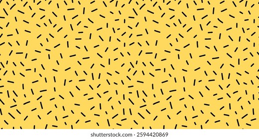 Seamless abstract pattern with small black dashes on a yellow background. Playful, minimalistic, and modern design. Perfect for fabric, packaging, branding, digital backgrounds, and creative projects.