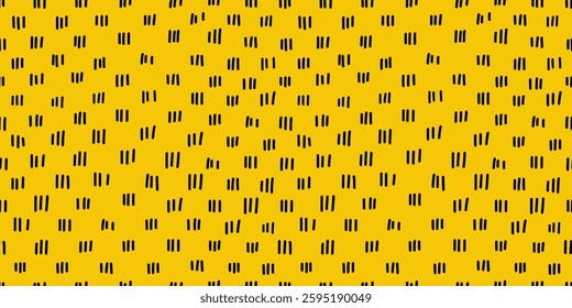 Seamless abstract pattern with small black brushstroke clusters on a yellow background. Modern hand drawn texture for fabric, packaging, branding, creative design. Trendy minimalistic artistic style