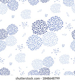 Seamless abstract pattern of small leaves in the shape of circles in blue colors on a white background. Ornament for fabric, textiles, wrapping paper, Wallpaper, backdrop. Vector graphics