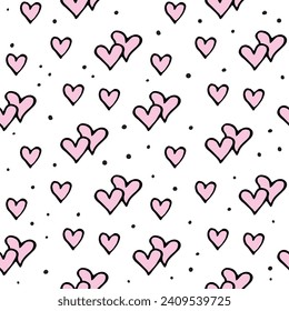 Seamless abstract pattern of small pink contour hearts. Hand drawn doodle background, texture for textile, wrapping paper, Valentine's day, romantic design