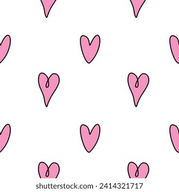 Seamless abstract pattern of small pink contour hearts. Hand drawn doodle background, texture for textile, wrapping paper, Valentine's day, romantic design