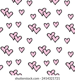 Seamless abstract pattern of small pink contour hearts. Hand drawn doodle background, texture for textile, wrapping paper, Valentine's day, romantic design