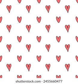 Seamless abstract pattern of small red contour hearts. Hand drawn doodle background, texture for textile, wrapping paper, Valentine's day, romantic design
