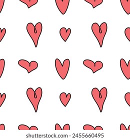 Seamless abstract pattern of small red contour hearts. Hand drawn doodle background, texture for textile, wrapping paper, Valentine's day, romantic design