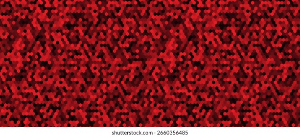 Seamless abstract pattern of small red hexagons in varying shades; smooth gradient transitions from dark to light red tones, creating a dense and textured geometric background.