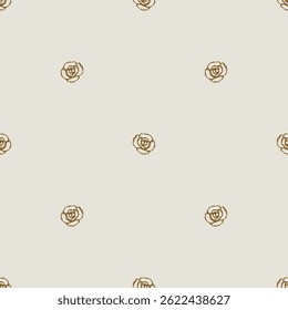 Padrão abstrato sem emenda com pequenos botões de rosa. Silhuetas florais douradas sobre fundo branco.