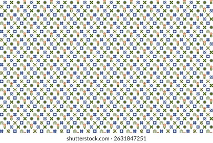 Seamless abstract pattern with small round flower and geometric element in green, blue and orange on white background. Vector illustration, for shirt dress baby child cloth textile table cover decor