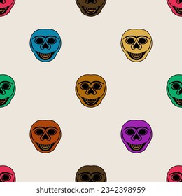 Seamless abstract pattern with smiling human skulls. Halloween or Dia le los Muertos design. Merry dead heads on white background.