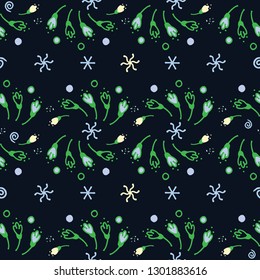 Seamless abstract pattern of snowdrops and snowflakes.
