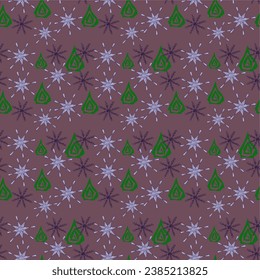 
seamless abstract pattern of snowflakes and fir trees on a dark background, vector