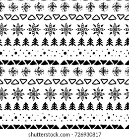 Seamless abstract pattern with snowflakes, fir tree, snowballs, triangles and scandinavian motifs. Christmas and New Year background for textile, paper.