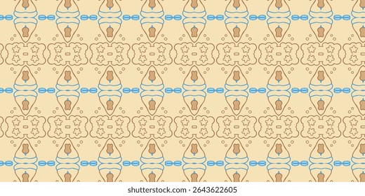 Seamless abstract pattern with soft beige background and symmetrical organic shapes in brown and blue. Ideal for textiles, wallpapers, and digital art projects.
