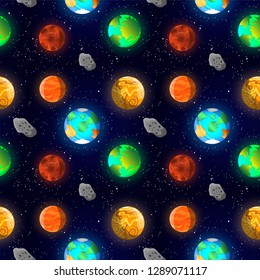 Seamless abstract pattern in space style with various fantastic planets. This is pattern for your web design and other. Eps 10