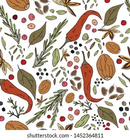 Seamless abstract pattern of spices. Print for fabric and other surfaces. Chilli pepper, black and pink peppercorns, bay leaf, basil, nutmeg, thyme, rosemary, cardamom, cinnamon, anise star.