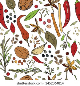 Seamless abstract pattern of spices. Print for fabric and other surfaces. Chilli pepper, black and pink peppercorns, bay leaf, basil, nutmeg, thyme, rosemary, cardamom, cinnamon, anise star.