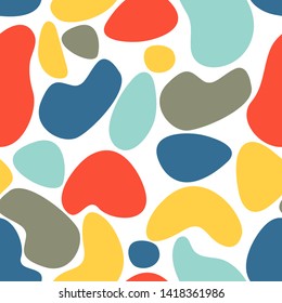 Seamless abstract pattern with spots and dots. Blue, orange, red, yellow, grey colors. Avan-garde cute cartoon background. Abstractionism style. 