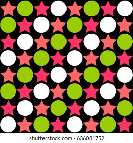 Seamless abstract pattern - star alternating circle in bright colors of green, pink and white on black background