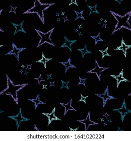 Seamless abstract pattern star colorful shapes on dark black background repeat endless cover texture for textile, carpet, wrapping paper, wallpapers, curtains, clothing, fashion fabric print