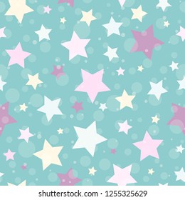 Seamless abstract pattern with stars of and circles. Light blue background. Nice and colorful Vector illustration. Baby pattern. Cosmos texture for paper, wrapping and fabric.