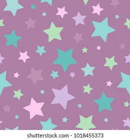 Seamless abstract pattern with stars of different colors and size. Purple  background.  Vector illustration. Magic sky. Childish ornament