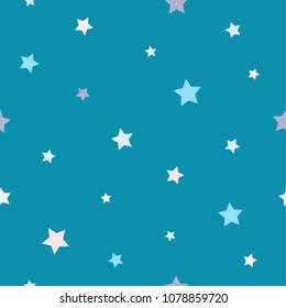 Seamless abstract pattern with  stars of different size on dark blue background. Vector illustration. Night sky texture for paper, wrapping and fabric.