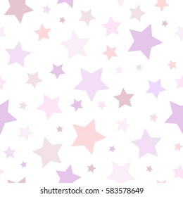 Seamless abstract pattern with stars of different colors and size. Light violet and pink tints on white background. Nice and colorful Vector illustration. Good for printing.