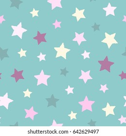 Seamless abstract pattern with  stars of different size and color on blue background. Nice and colorful Vector illustration. Baby pattern. Magic sky. 