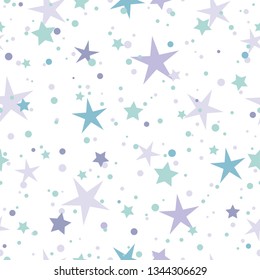 Seamless abstract pattern with stars and dots of blue and purple colors on white background. fantasy. Childish wallpaper. Magic vector ornament. 