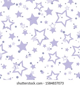 Seamless abstract pattern with stars and dots of blue and purple colors on white background. fantasy. Childish wallpaper. Magic vector ornament. 