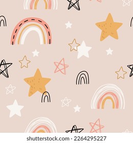 Seamless abstract pattern with stars and rainbows. Creative childish scandinavian pastel pattern. Great for fabric, textile