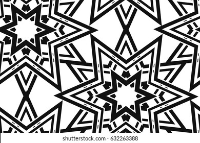 Seamless Abstract Pattern with stars. Repeated Template with Geometric Elements. Black and White. Ethnic Background.