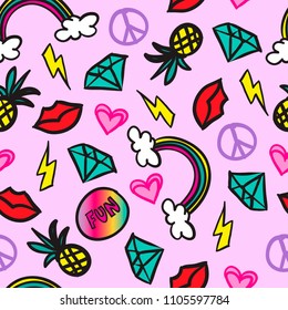 Seamless abstract pattern from stickers with a rainbow, pineapple, heart, lips, lightning. Vector background for textile, fabric, backpacks, web, clothing, wrapping paper.