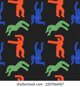 Seamless abstract pattern, strange creatures or people in different poses. Cute disproportionate isolated characters. Print for printing. Flat design, cartoon drawing, vector.