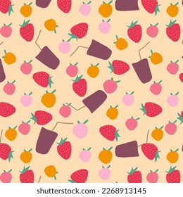 Seamless abstract pattern, with strawberries, cocktail and berries, in vibrant colors. Design for fabric, wrapping, wallpaper.