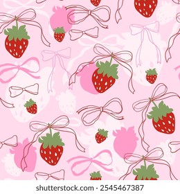 Modelo abstracto inconsútil con las fresas y los lazos de la coqueta en fondo rosado. Fresa con varias cintas. Ilustración vectorial editable para el papel de embalaje, embalaje, tela, decoración de la habitación, teléfono