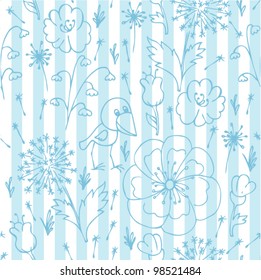 Seamless abstract pattern with stripe and stylized bird and flower