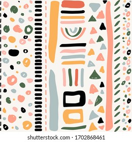 Patrón abstracto sin inconvenientes de rayas, formas geométricas. Fondo orgánico. Dibujó a mano varias formas geométricas, objetos de doodle. Reflejo moderno y abstracto de ilustración vectorial. Textura del sello