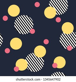 Seamless abstract pattern with stripped black and white and yellow and red circles. Trendy endless modern repeated ornament design for fabric textile, wrapping paper, fashion clothes