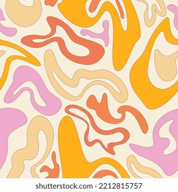 Seamless abstract pattern in the style of the 1970s. Wavy pattern with abstract distorted, twisted shapes. Psychedelic style. Groovy vintage background. Flat Design. Hippie aesthetics.