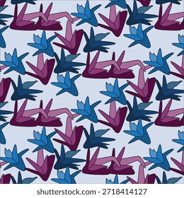 Padrão abstrato contínuo de formas origami estilizadas azuis e roxas em um fundo claro.