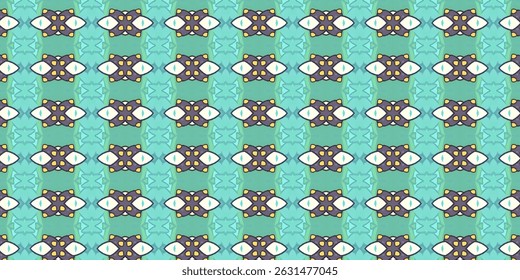 Modelo abstracto inconsútil con motivos estilizados del ojo en verde azulado, blanco, y amarillo sobre un fondo verde suave.