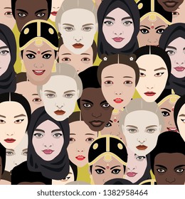 Seamless abstract pattern with stylized female faces of different nations. Flat cartoon style.