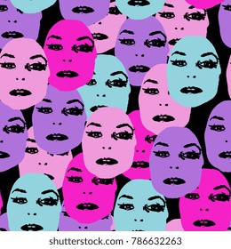 Seamless abstract pattern with stylized female faces. Vibrant colors. Flat cartoon pop art style.