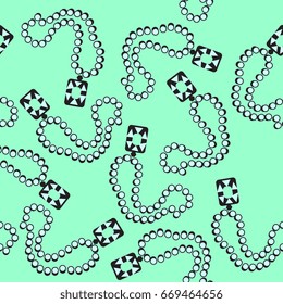 Seamless abstract pattern with stylized gem necklaces. On a green background.