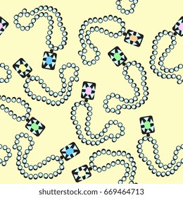 Seamless abstract pattern with stylized gem necklaces. On a pale yellow background.