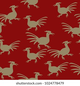 Seamless abstract pattern with stylized silhouettes of roosters. Folk style. Based on traditional Mexican Otomi Tenango embroidery motif. 