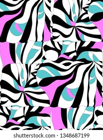 Seamless abstract pattern for summer. Pink, teal, black and white different stripes.