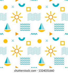 Seamless abstract pattern with sun, boat and geometric shapes