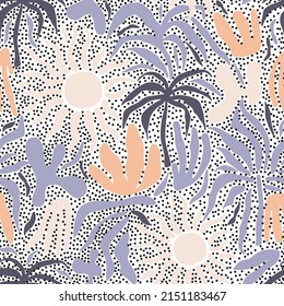 Seamless abstract pattern with sun, palm tree, leaves. Summer tropical hand drawn sunset texture. Vector illustration